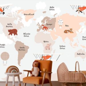 Fototapeta - mapa w odcieniach beżu - kontynenty ze zwierzętami