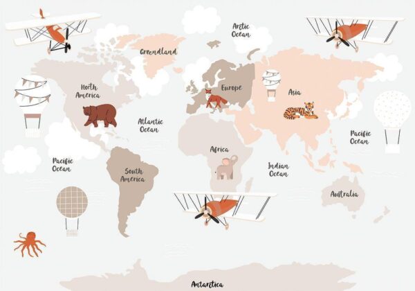 Fototapeta - mapa w odcieniach beżu - kontynenty ze zwierzętami
