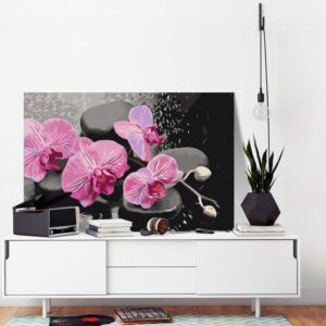 Obraz do samodzielnego malowania - Orchidea i kamienie zen (czarne tło)
