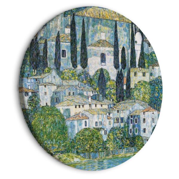 Obraz okrągły - Kościół w Cassone, Gustav Klimt - niemiecka architektura nad rzeką