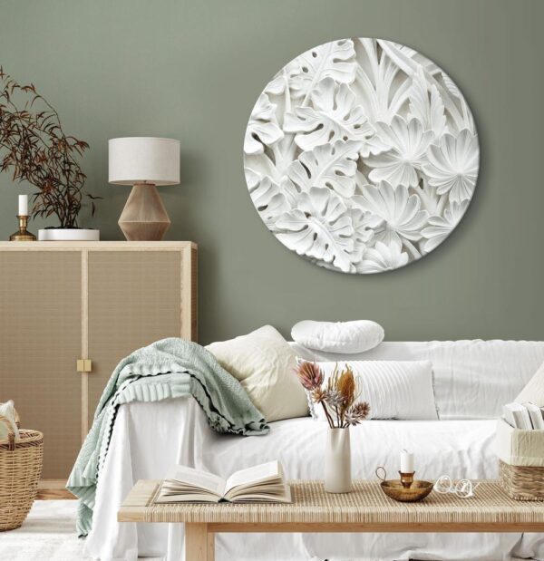Obraz okrągły - Wyrzeźbiona natura - deseń z białymi liśćmi z kamienia