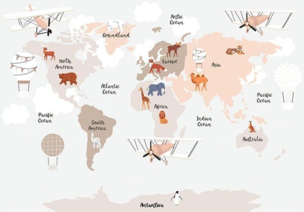 Fototapeta - Mapa świata w beżowych odcieniach do pokoju dziecięcego