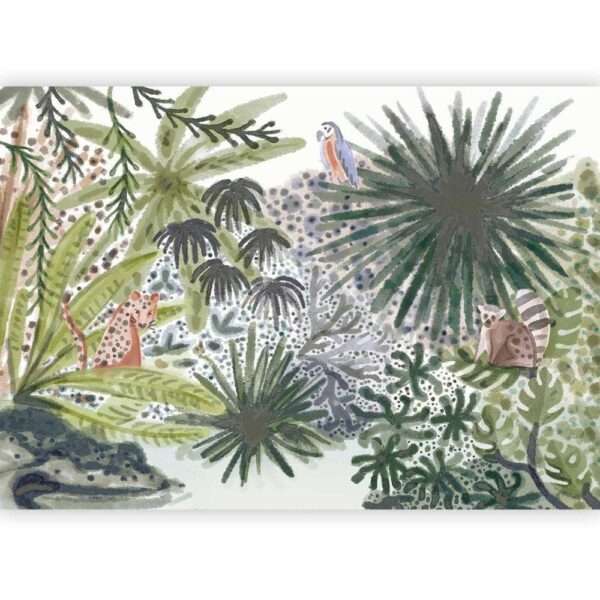 Fototapeta - Flora Madagaskaru - krajobraz tropikalny z akwarelowymi zwierzętami