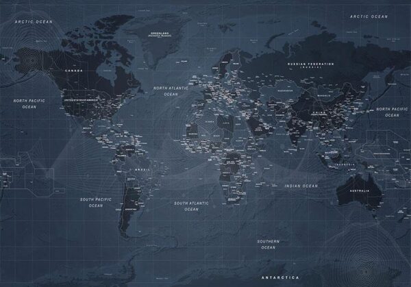 Fototapeta - Mapa świata w kolorze niebieskim - kontynenty z napisami po angielsku