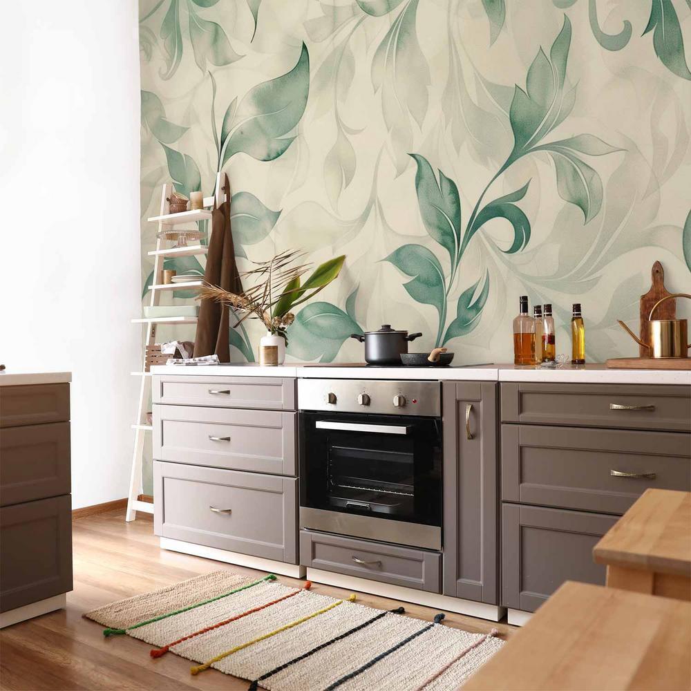 Fototapeta - Akwarelowy motyw botaniczny delikatne zielono-beżowe listki