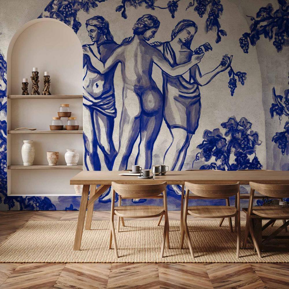 Fototapeta - Antyczna winnica - trzy kobiety w portalu malowane niebieskim tuszem