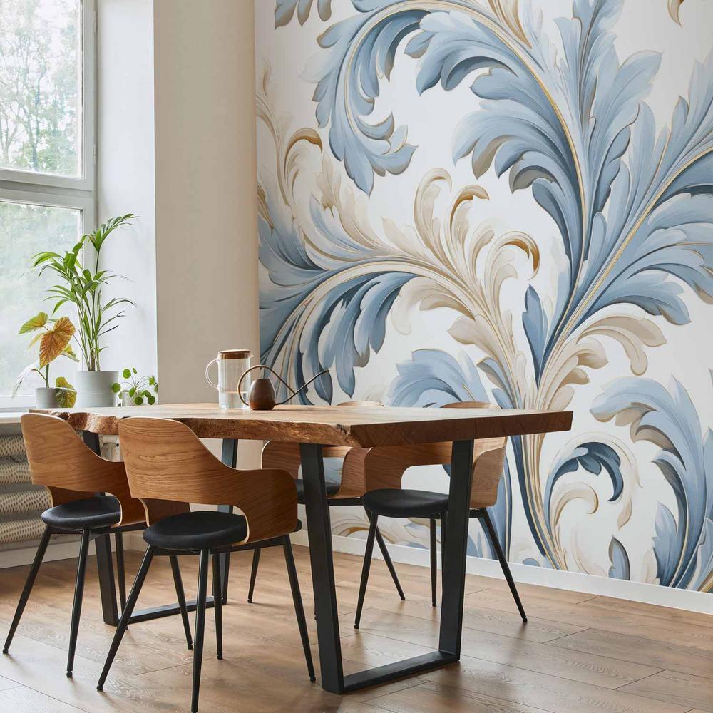 Fototapeta - Barokowe ornamenty w jasnej kremowo-niebieskiej kolorystyce