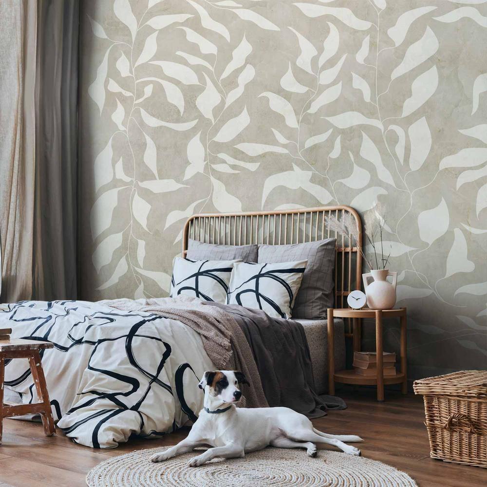 Fototapeta - Białe liście - abstrakcyjny motyw roślinny na beżowym tle z ramką