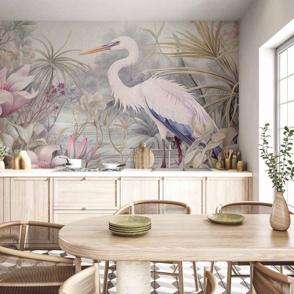 Fototapeta - Czapla brodząca w stawie - ilustracja w jasnej kolorystyce