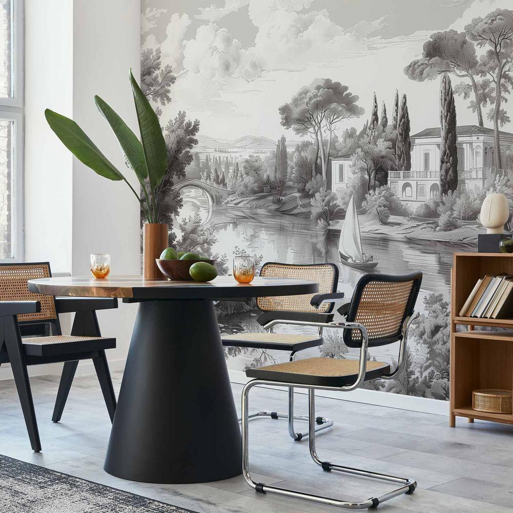 Fototapeta - Czarno-biały pejzaż vintage retro widok na staw z łódką