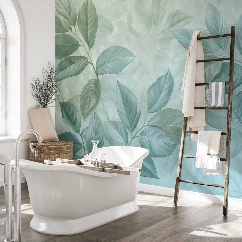 Fototapeta - Duże liście w odcieniach zielono-miętowych: motyw botaniczny