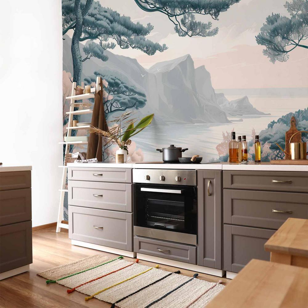 Fototapeta - Górzyste wybrzeże z drzewami i skałami w lekkich pastelowych błękitach