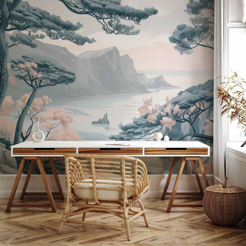 Fototapeta - Górzyste wybrzeże z drzewami i skałami w lekkich pastelowych błękitach