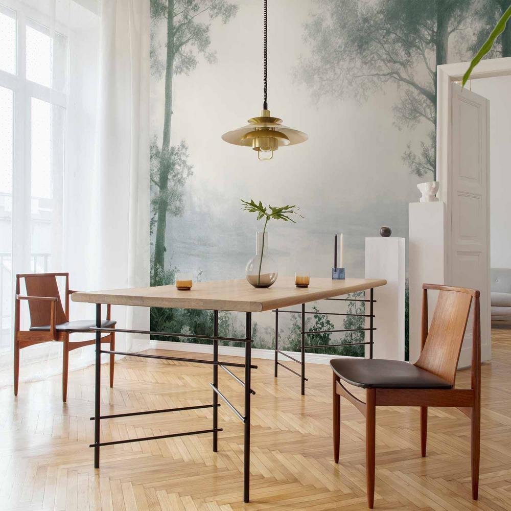 Fototapeta - Pejzaż retro - lasek drzewa i staw w spatynowanych odcieniach zieleni