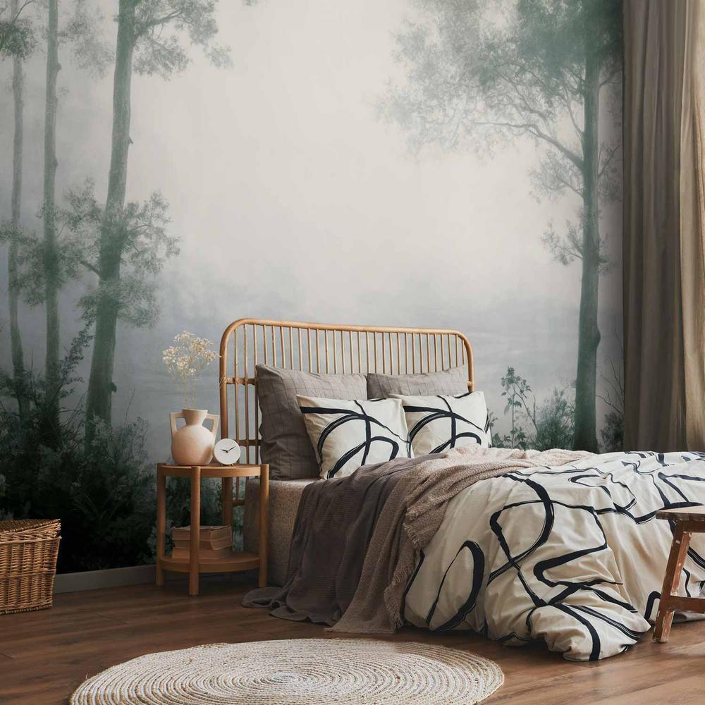 Fototapeta - Pejzaż retro - lasek drzewa i staw w spatynowanych odcieniach zieleni