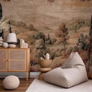 Fototapeta - Śródziemnomorski krajobraz - stary gobelin ze wzgórzem i jeziorem