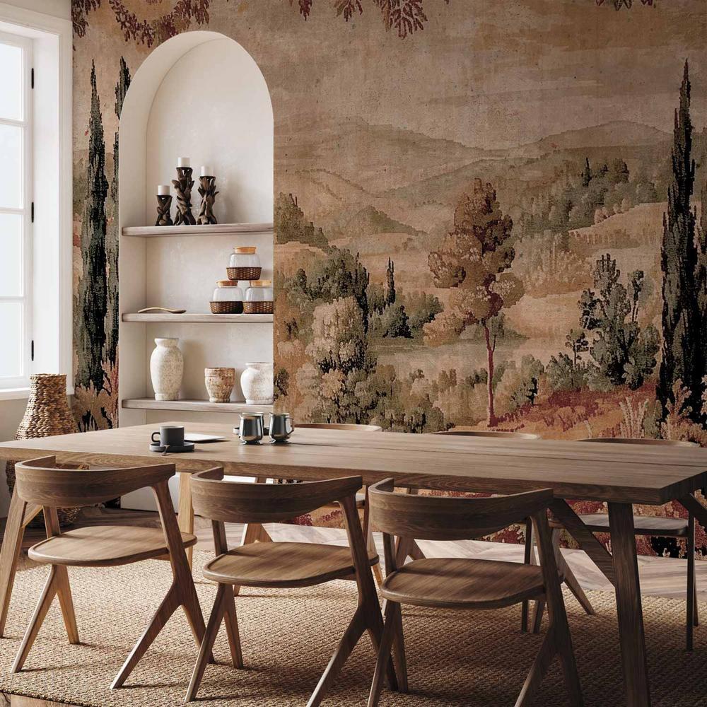 Fototapeta - Śródziemnomorski krajobraz - stary gobelin ze wzgórzem i jeziorem