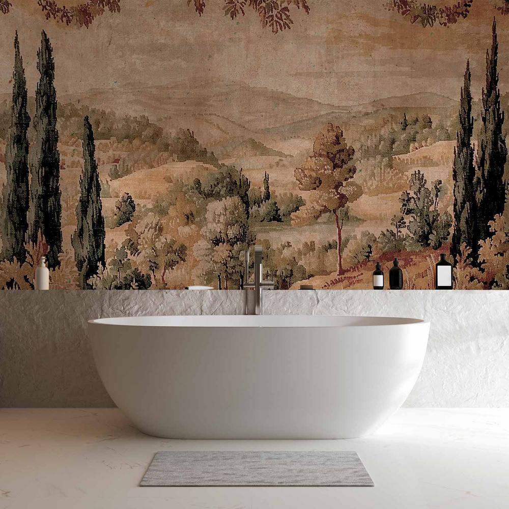 Fototapeta - Śródziemnomorski krajobraz - stary gobelin ze wzgórzem i jeziorem