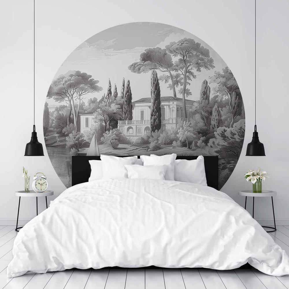 Fototapeta okrągła - Czarno-biały pejzaż vintage ze stawem