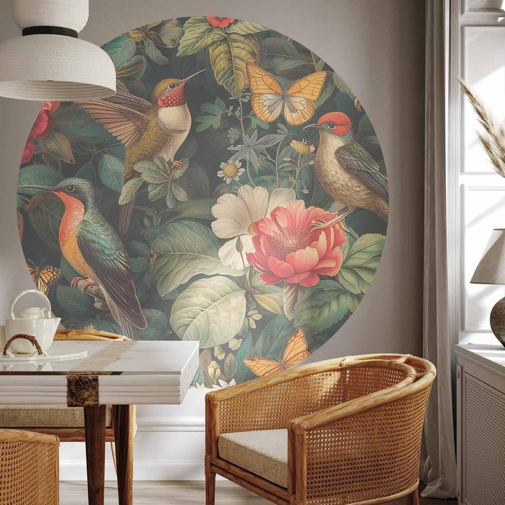 Fototapeta okrągła - Kwiaty, ptaki i motyle - ilustracja w stylu vintage