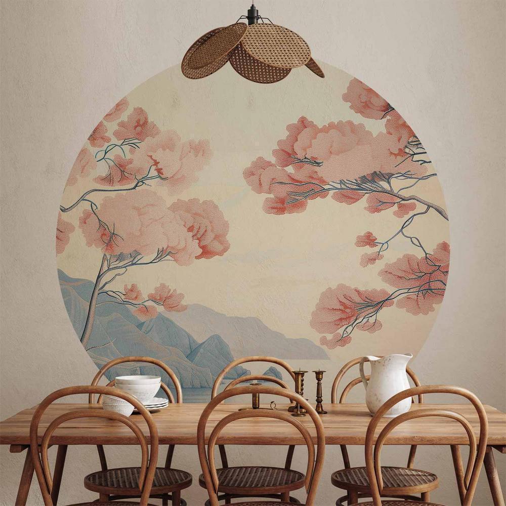 Fototapeta okrągła - Ocean, klify i drzewa, delikatny motyw w pastelowych kolorach