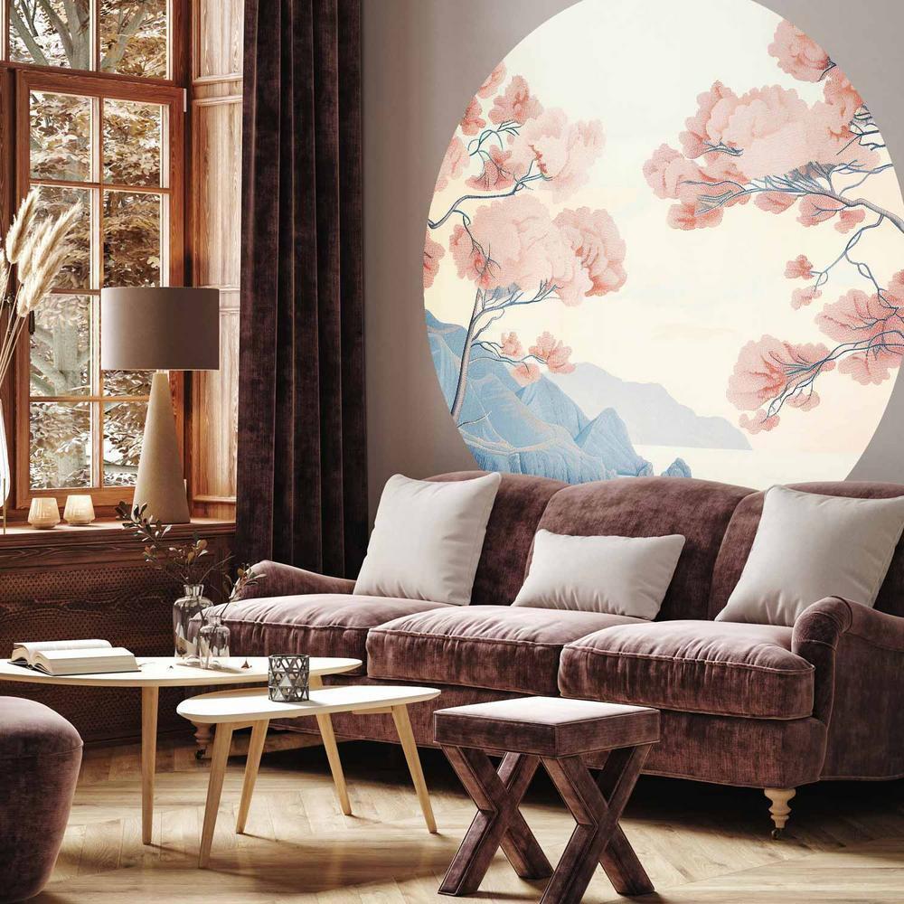 Fototapeta okrągła - Ocean, klify i drzewa, delikatny motyw w pastelowych kolorach