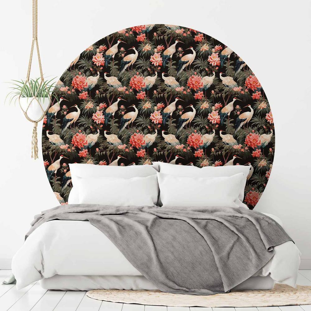 Fototapeta okrągła - Ornament z ptakami - sylwetki żurawi i kwiaty piwonii na ciemnym tle