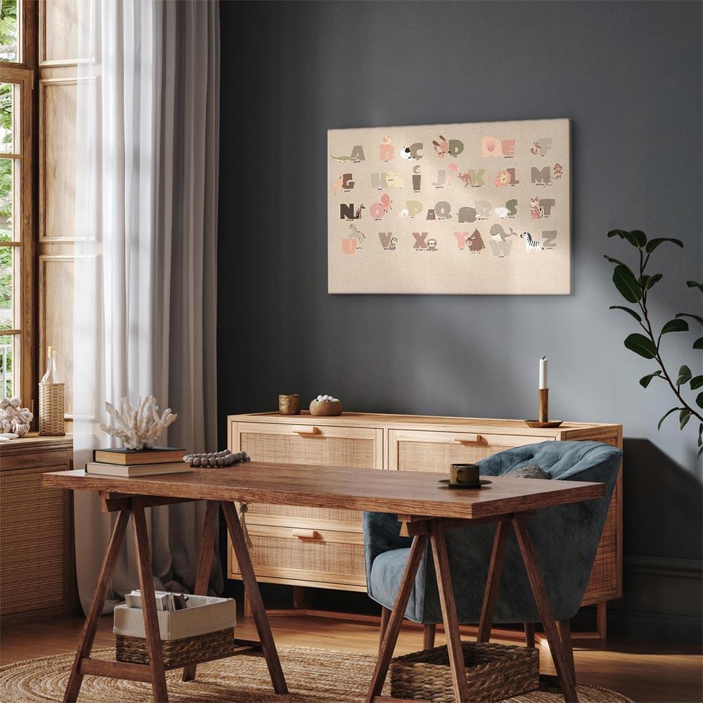 Obraz - Abecadło w zoo - radosne zwierzątka i ich nazwy na beżowym tle