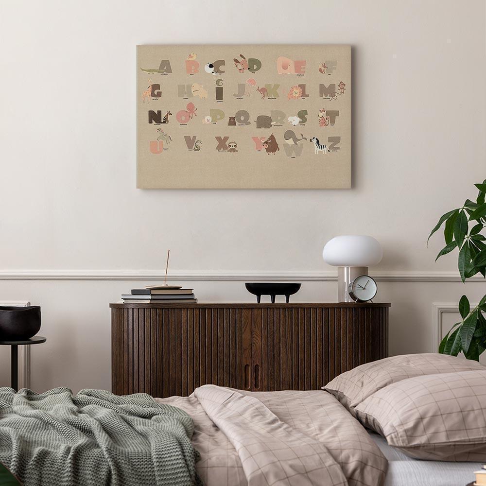 Obraz - Abecadło w zoo - radosne zwierzątka i ich nazwy na beżowym tle