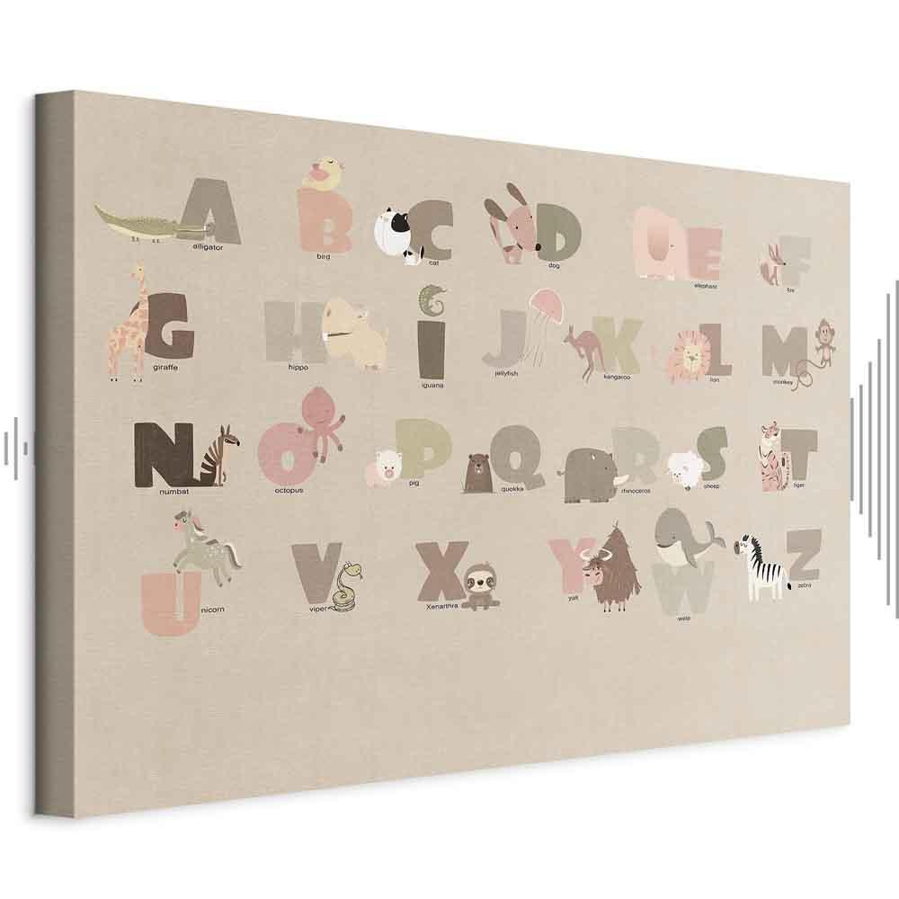 Obraz - Abecadło w zoo - radosne zwierzątka i ich nazwy na beżowym tle