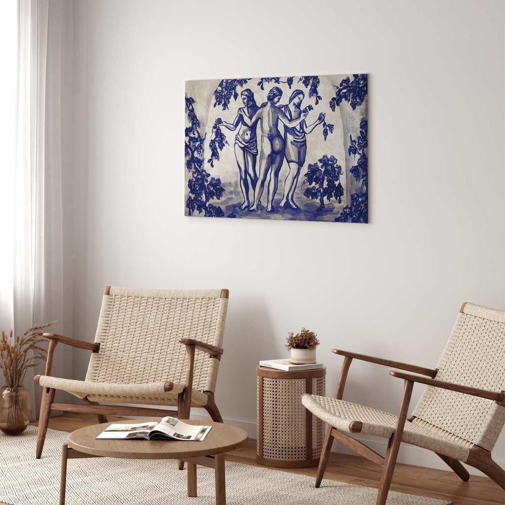 Obraz - Antyczna winnica - trzy kobiety w portalu malowane niebieskim tuszem