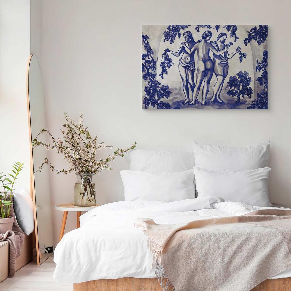Obraz - Antyczna winnica - trzy kobiety w portalu malowane niebieskim tuszem