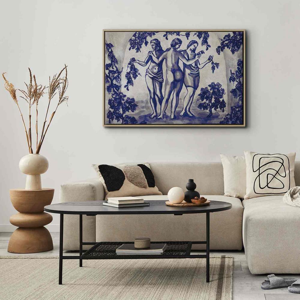 Obraz - Antyczna winnica - trzy kobiety w portalu malowane niebieskim tuszem