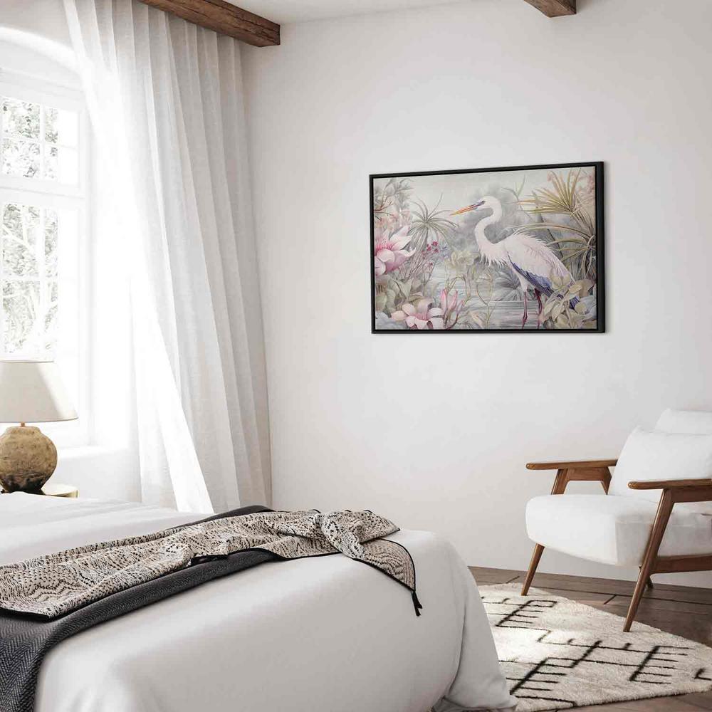 Obraz - Czapla brodząca w stawie - ilustracja w jasnej kolorystyce