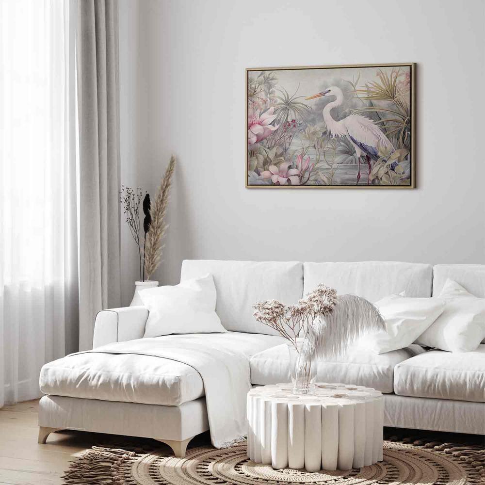 Obraz - Czapla brodząca w stawie - ilustracja w jasnej kolorystyce