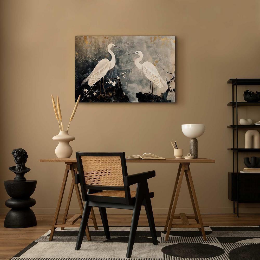 Obraz - Czaple i kwiat wiśni - ilustracja w orientalnym stylu przedstawiająca ptaki