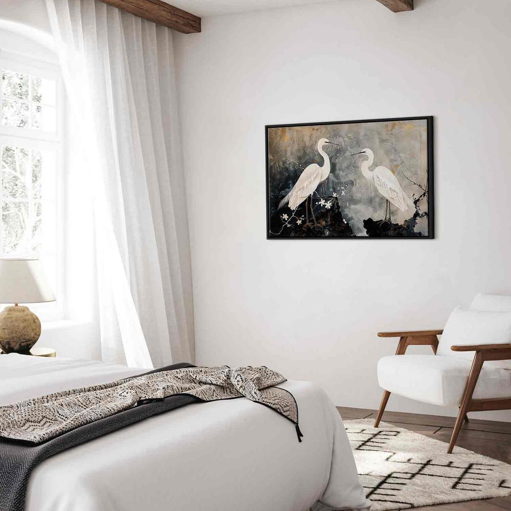 Obraz - Czaple i kwiat wiśni - ilustracja w orientalnym stylu przedstawiająca ptaki