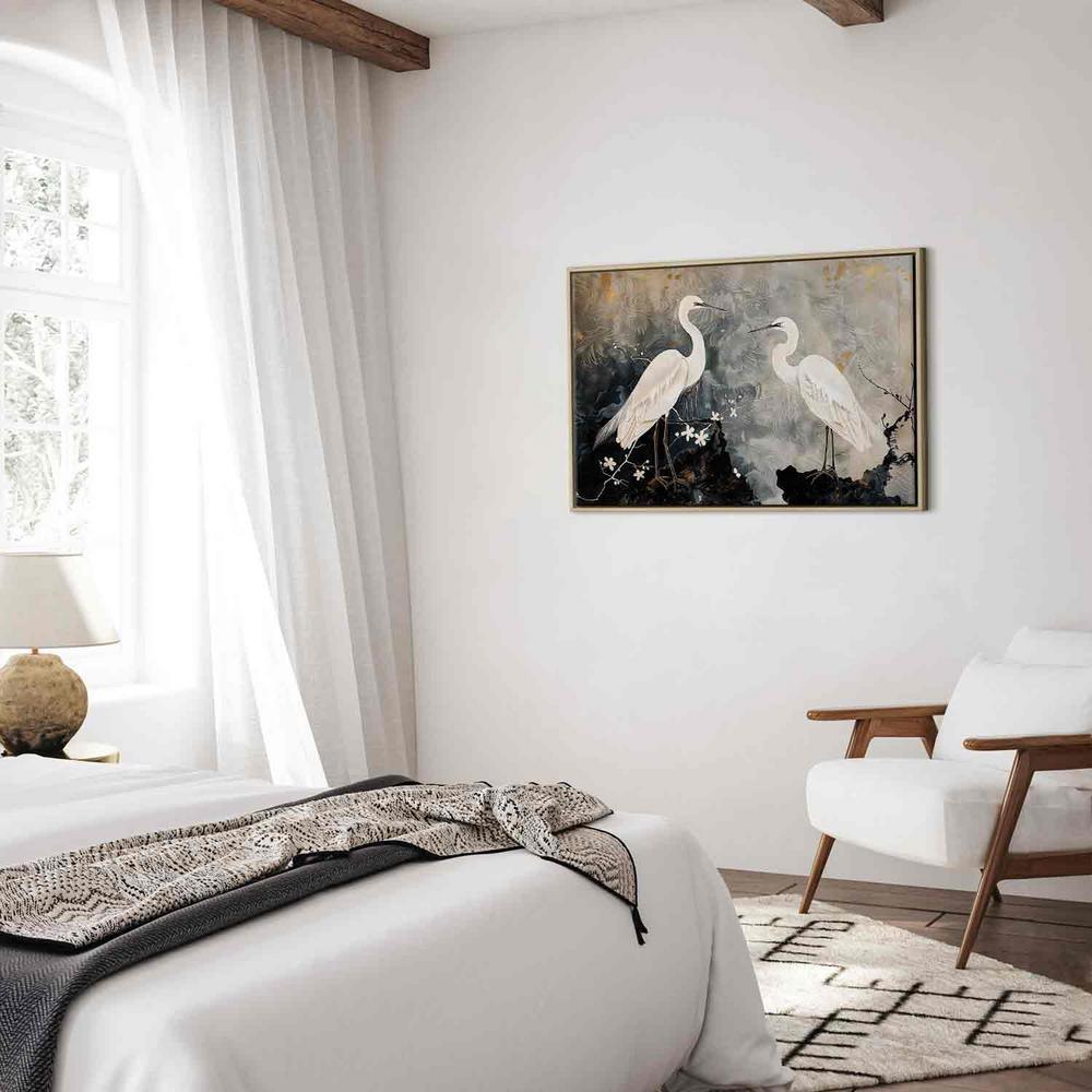 Obraz - Czaple i kwiat wiśni - ilustracja w orientalnym stylu przedstawiająca ptaki