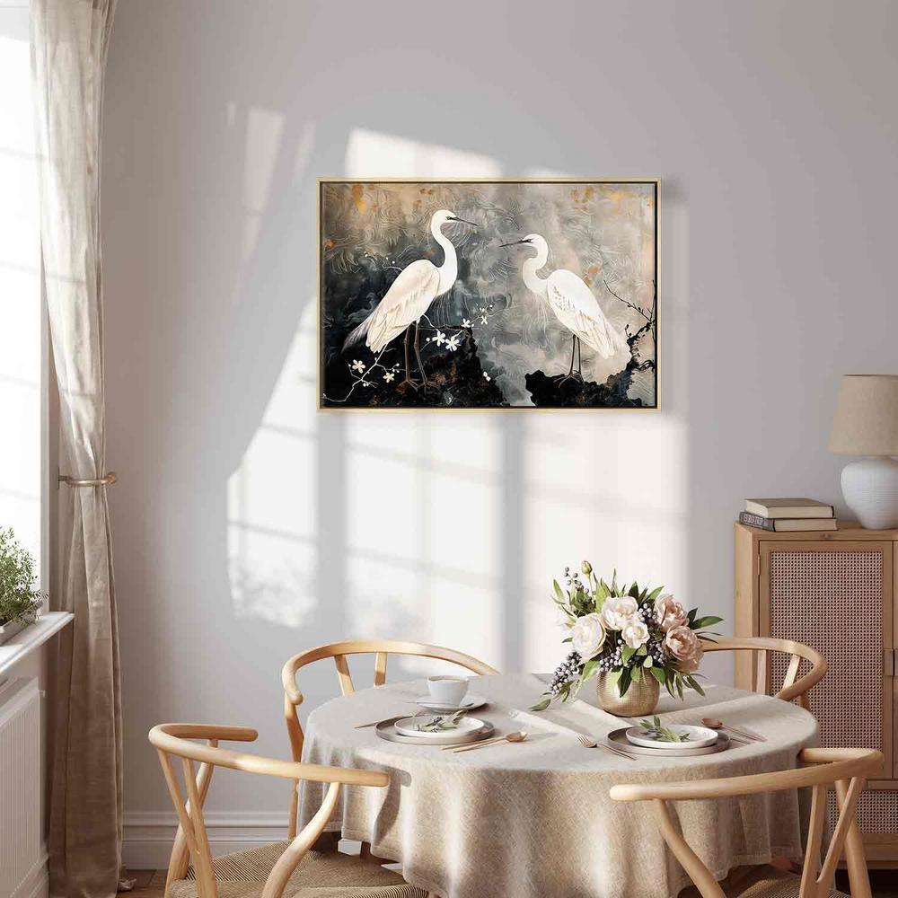 Obraz - Czaple i kwiat wiśni - ilustracja w orientalnym stylu przedstawiająca ptaki