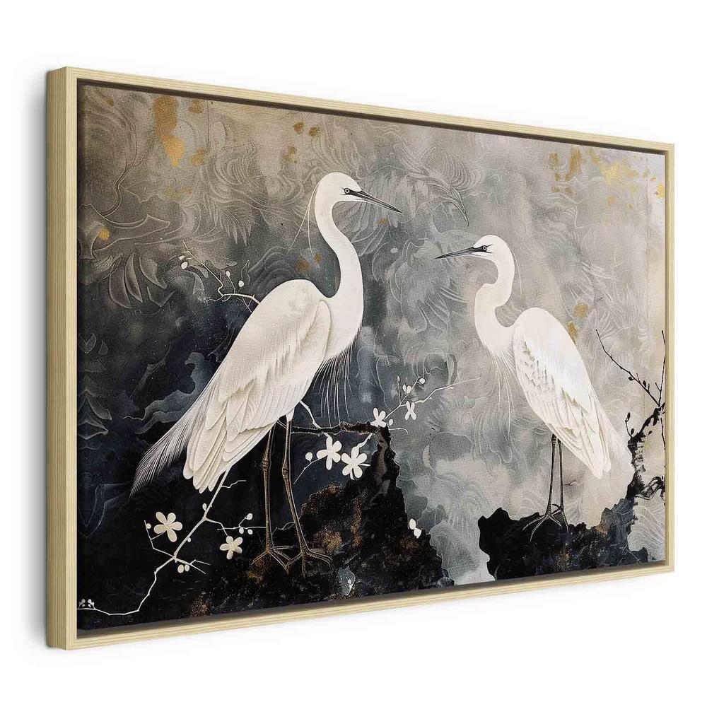 Obraz - Czaple i kwiat wiśni - ilustracja w orientalnym stylu przedstawiająca ptaki
