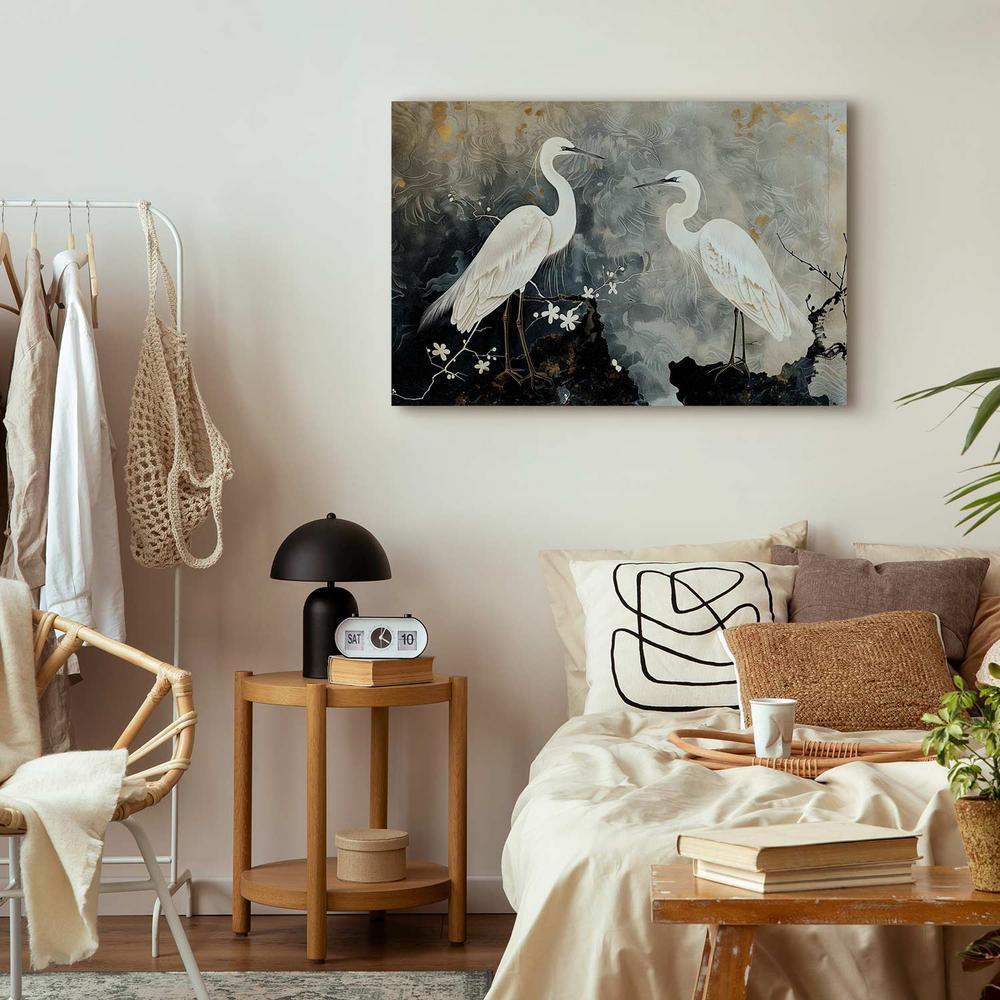 Obraz - Czaple i kwiat wiśni - ilustracja w orientalnym stylu przedstawiająca ptaki