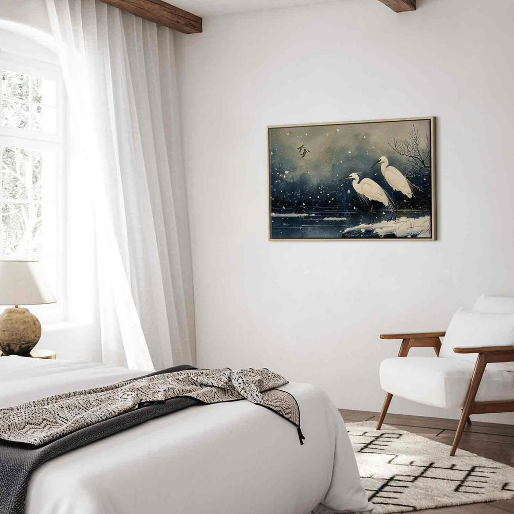 Obraz - Czaple nad zimowym stawem - ilustracja w stylu japońskiego w ciemnej kolorystyce