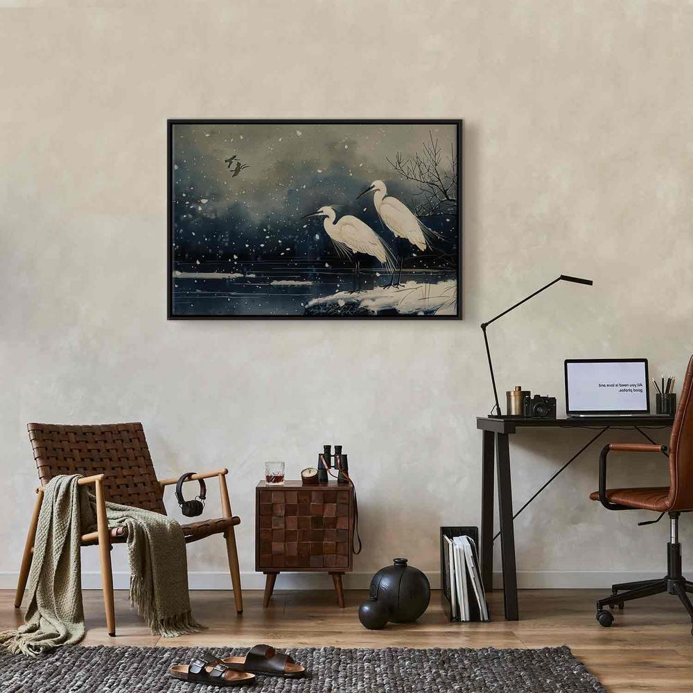 Obraz - Czaple nad zimowym stawem - ilustracja w stylu japońskiego w ciemnej kolorystyce