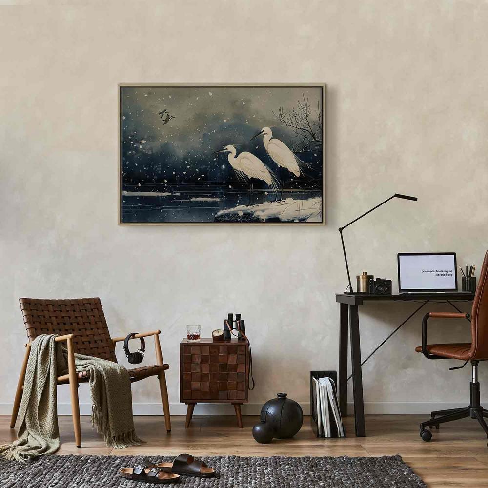 Obraz - Czaple nad zimowym stawem - ilustracja w stylu japońskiego w ciemnej kolorystyce