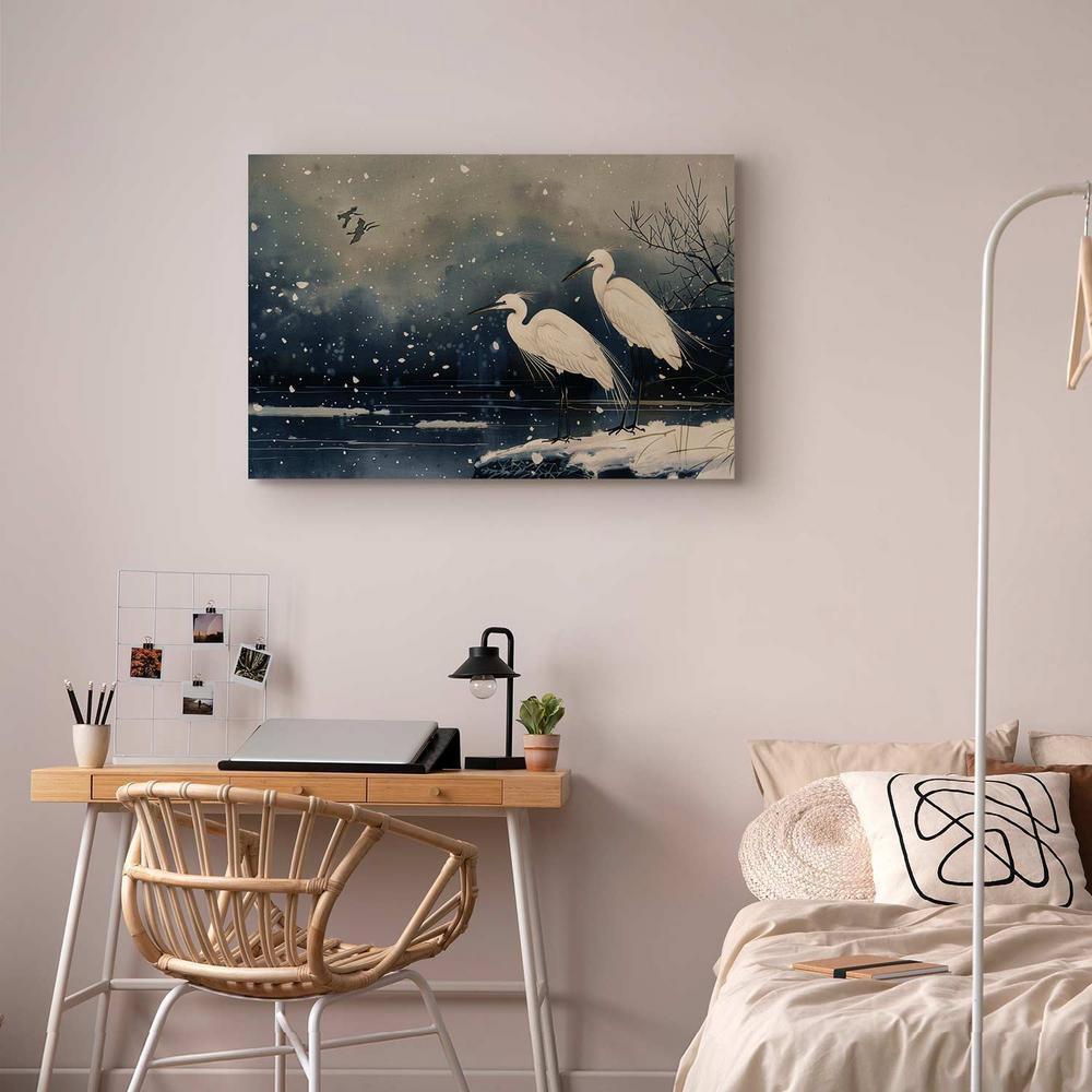 Obraz - Czaple nad zimowym stawem - ilustracja w stylu japońskiego w ciemnej kolorystyce