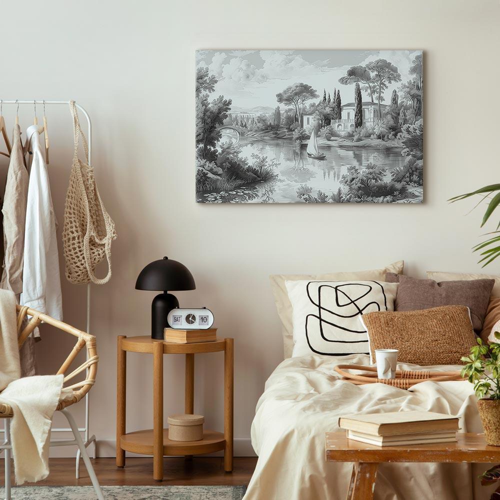 Obraz - Czarno-biały pejzaż vintage retro widok na staw z łódką