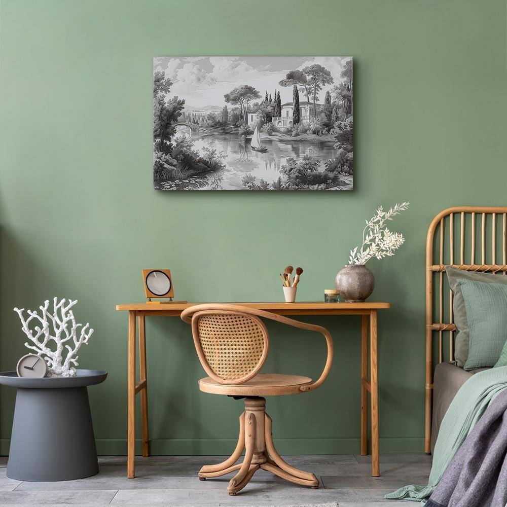 Obraz - Czarno-biały pejzaż vintage retro widok na staw z łódką