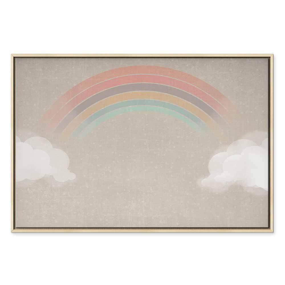 Obraz - Deszczowy czerwiec - kolorowa tęcza wychodząca z chmur na jasnym tle