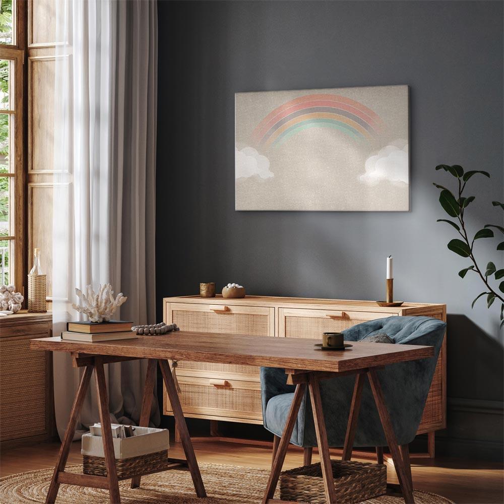 Obraz - Deszczowy czerwiec - kolorowa tęcza wychodząca z chmur na jasnym tle