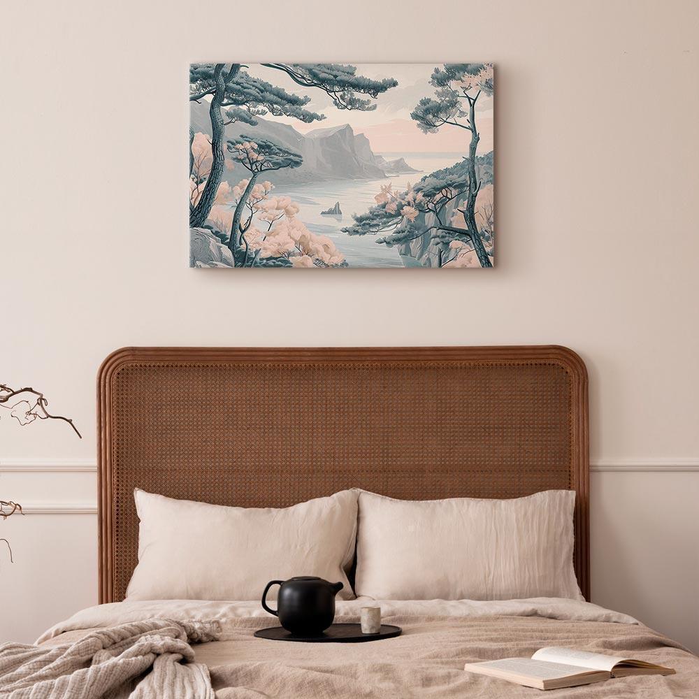 Obraz - Górzyste wybrzeże z drzewami i skałami w lekkich pastelowych błękitach